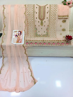 Handmade Luxury Zebtan Chiffon Dress – 2-Piece Shirt & Dupatta with Zarkoon Stones & Pearls