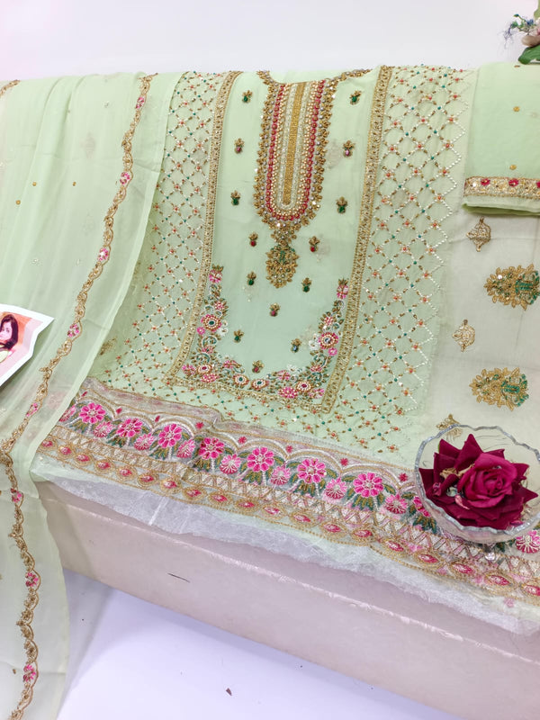 Handmade Luxury Zebtan Chiffon Dress – 2-Piece Shirt & Dupatta with Zarkoon Stones & Pearls