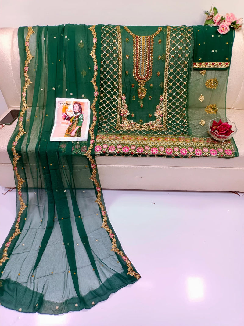 Handmade Luxury Zebtan Chiffon Dress – 2-Piece Shirt & Dupatta with Zarkoon Stones & Pearls