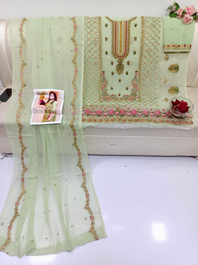 Handmade Luxury Zebtan Chiffon Dress – 2-Piece Shirt & Dupatta with Zarkoon Stones & Pearls