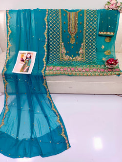 Handmade Luxury Zebtan Chiffon Dress – 2-Piece Shirt & Dupatta with Zarkoon Stones & Pearls