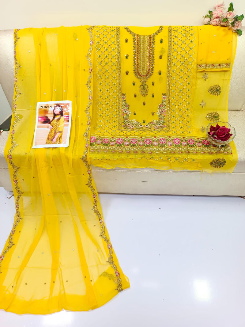 Handmade Luxury Zebtan Chiffon Dress – 2-Piece Shirt & Dupatta with Zarkoon Stones & Pearls