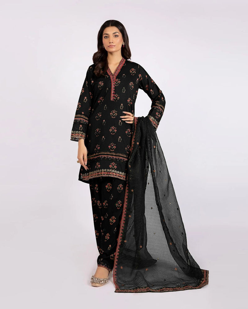 Lawn 3Pc Suit with Embroidered Neckline & Organza Dupatta