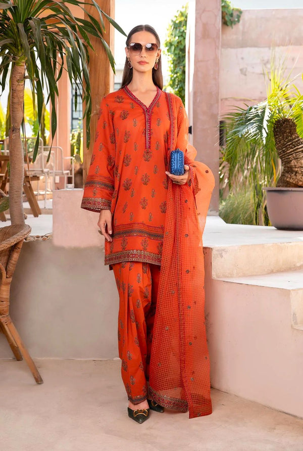 Lawn 3Pc Suit with Embroidered Neckline & Organza Dupatta