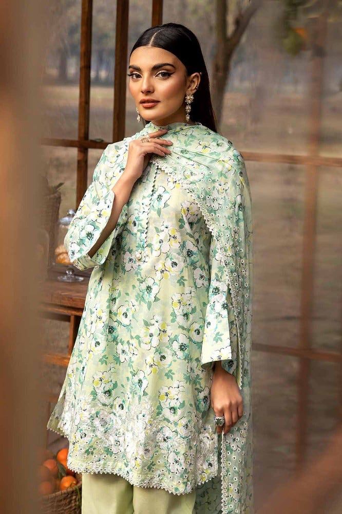 Unstitched Lawn Embroidered Suit with Chiffon Chikankari Dupatta