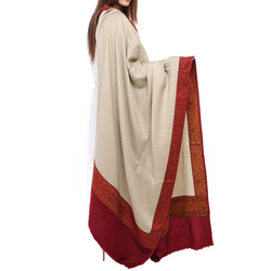 Elegant Jacquard Patchwork Pashmina Shawl – Skin Beige with Maroon Border