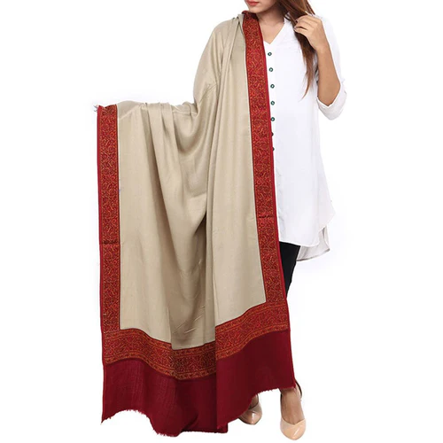 Elegant Jacquard Patchwork Pashmina Shawl – Skin Beige with Maroon Border