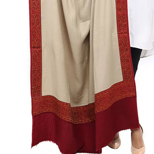 Elegant Jacquard Patchwork Pashmina Shawl – Skin Beige with Maroon Border